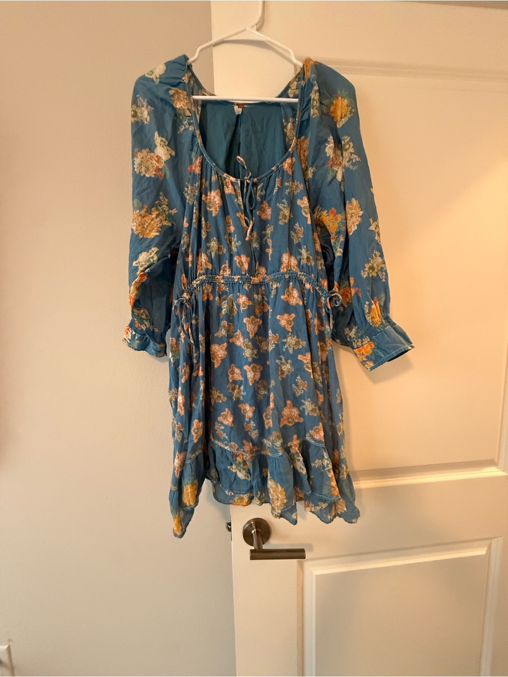 Free People Blue Floral Tie-Front Mini Dress with Yellow Accents